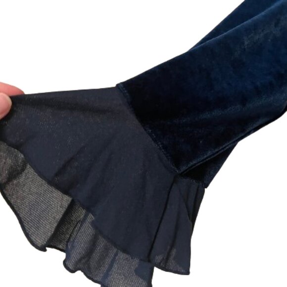 Impressions Navy Velvet Blouse Ruffle Neck Sheer Angel Sleeves - Large Petite - Picture 2 of 5